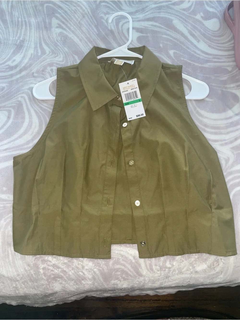 Michael Kors Olive Green Sleeveless Button-Front Crop Shirt